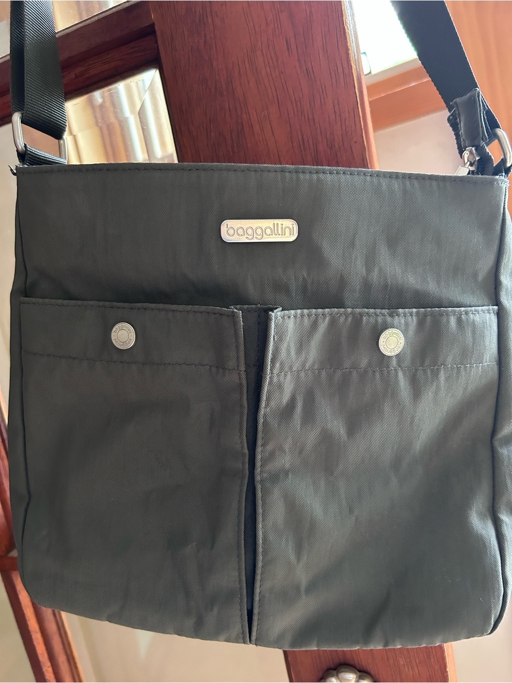 Baggallini Gray Nylon Messenger Crossbody Bag with Front Snap Pockets